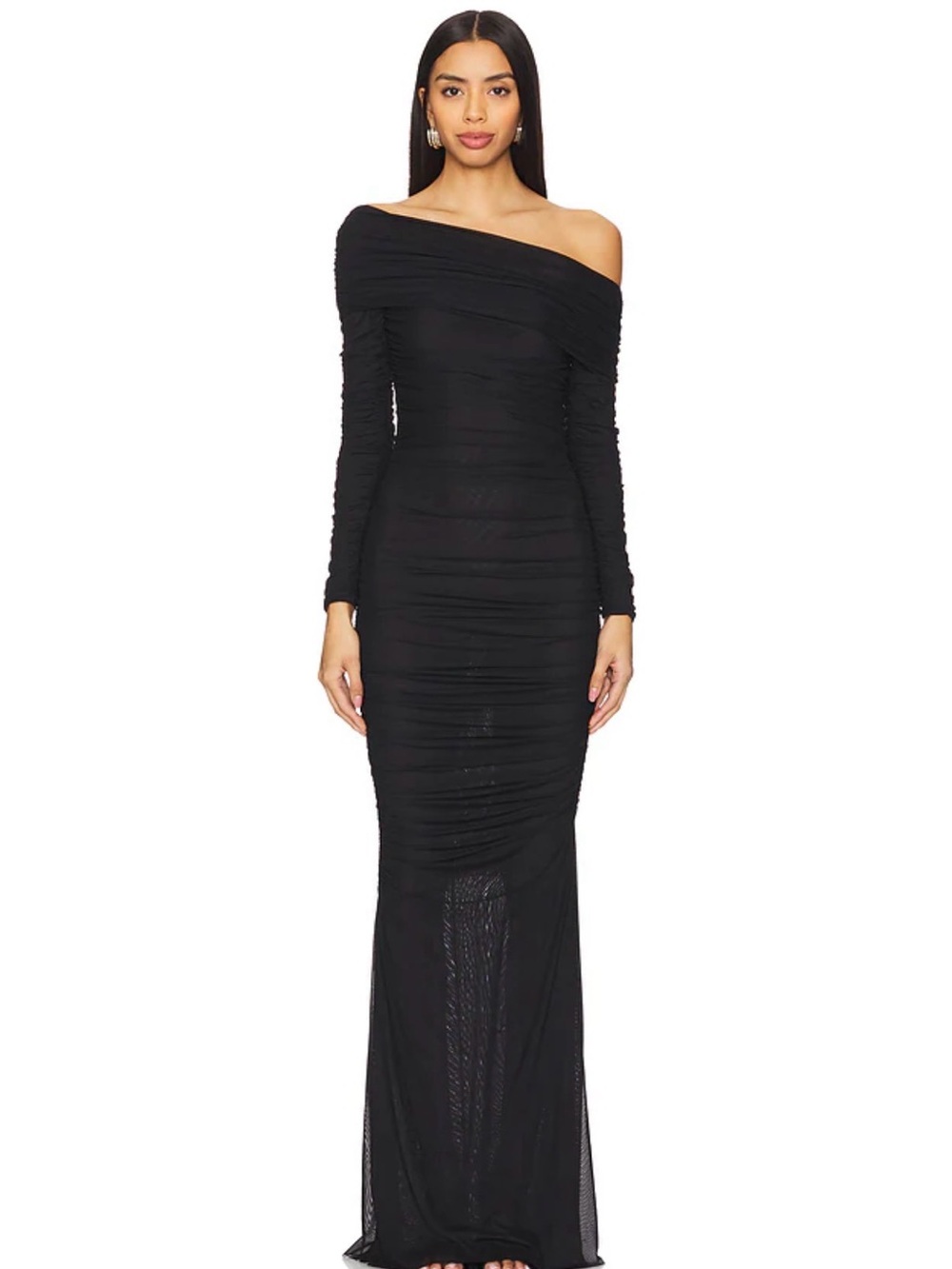 REVOLVE Seroya Luana Black Ruched Mesh Long Sleeve Maxi Dress